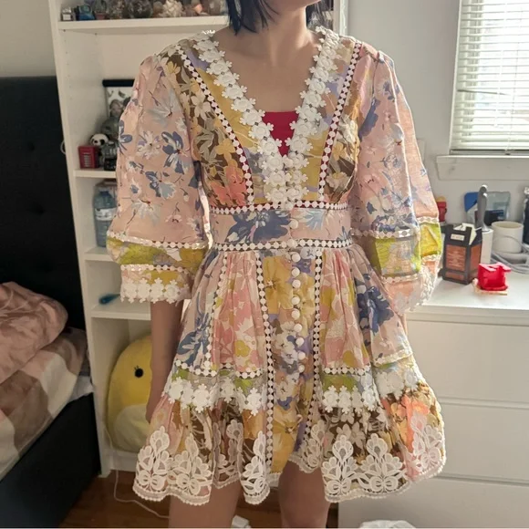 Zimmermann | Dresses | Floral Patchwork Dress With Lace Trim